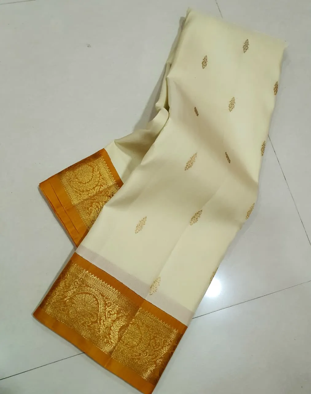 Ivory Mustard Gold Kanchipuram Silk Saree